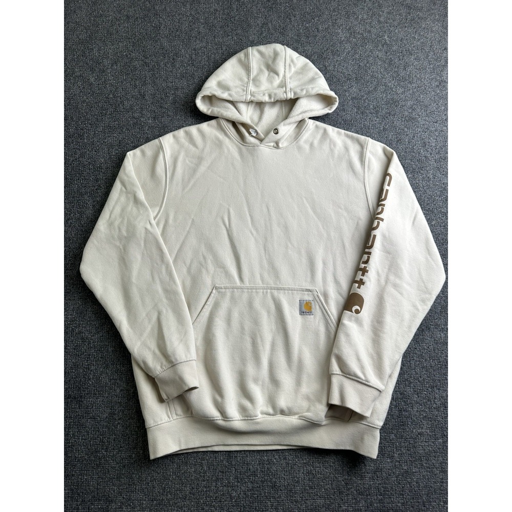 Mens Carhartt Cream Loose Fit Pullover Hoodie No Drawstring, Size L